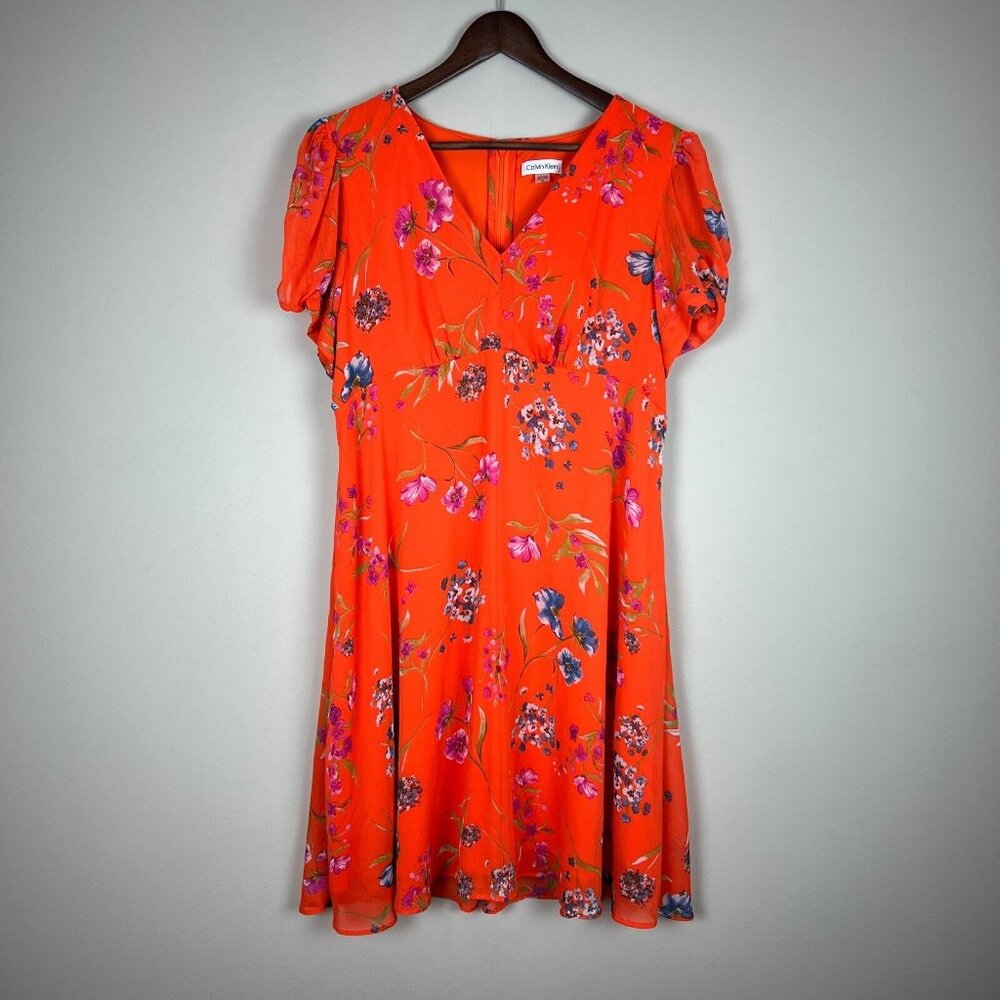 CALVIN KLEIN Dress‎ Womens 14 Orange Floral Chiffon Empire Waist A-Line V-Neck